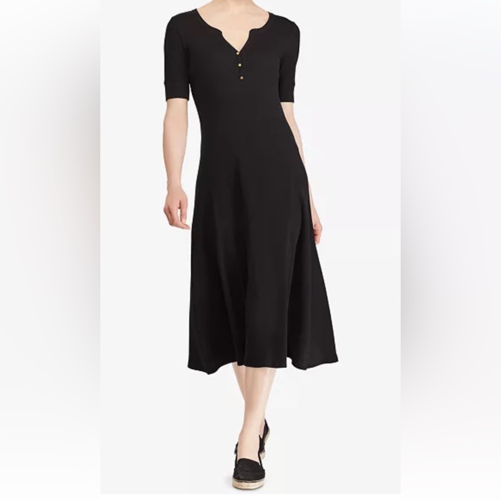 New Ralph Lauren Henley Black Petite Fit and Flare Dress Size XS Gold Button RL